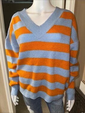 Double Zero Light Blue and Orange Striped V-Neck Sweater